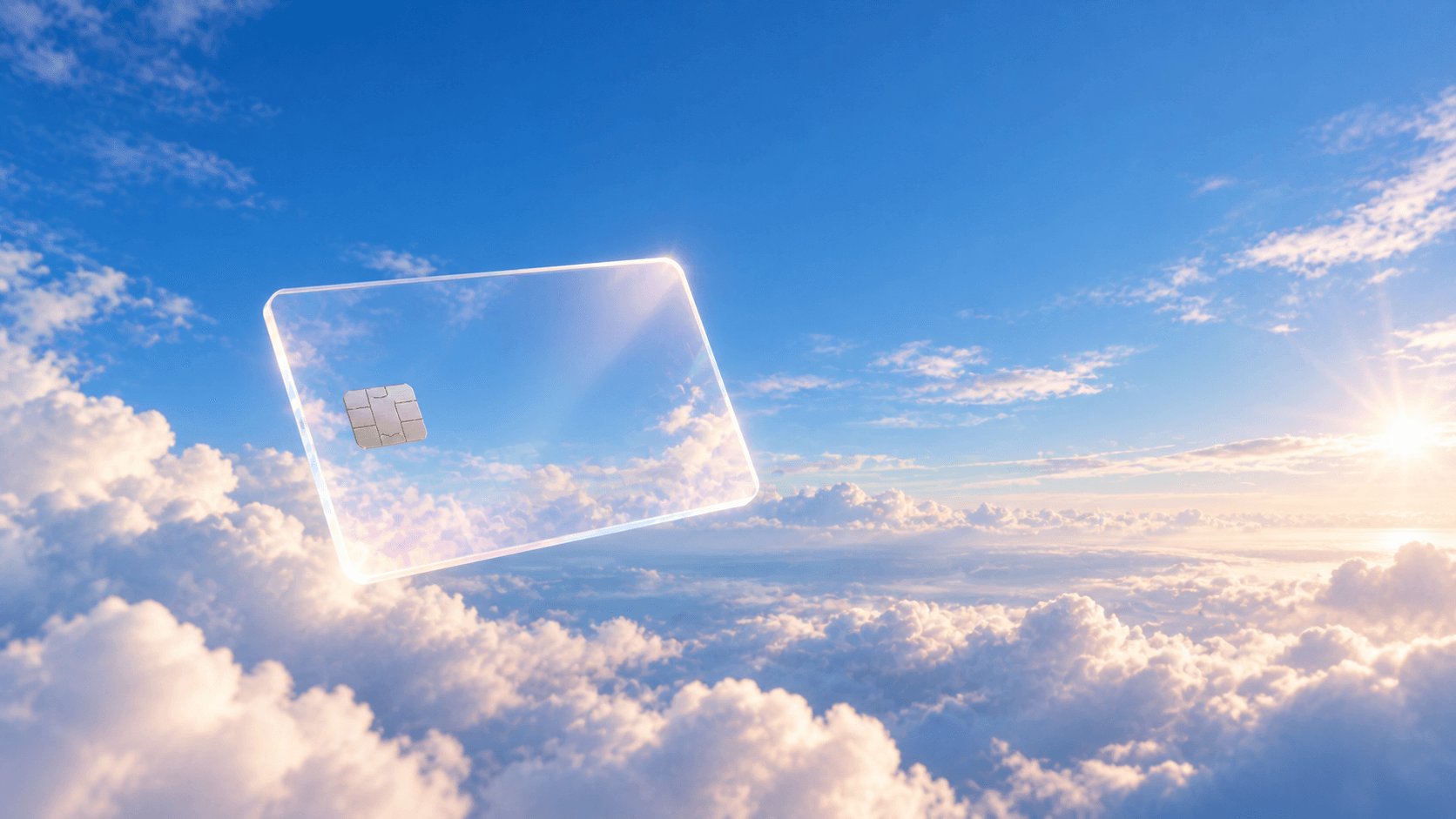 Transparent card suspended in an open daylight sky